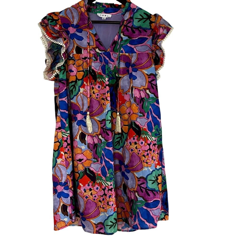THML Abstract Floral Print V-Neck Dress Tassels  Ruffle Cap Sleeve Boho Size M